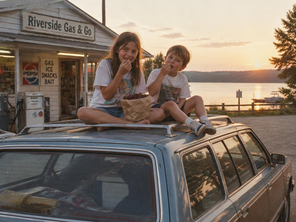 Maya's photo: two kids eating cherries on the car roof outside the gas station