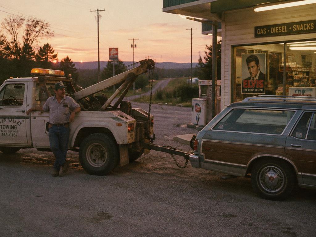 Sam's photo: the tow truck and the Elvis poster in the gas station window